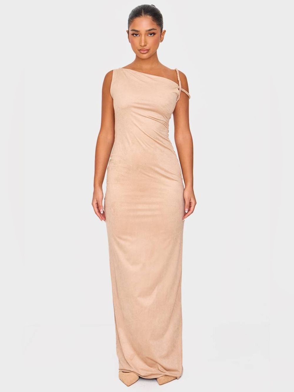 PrettyLittleThing One-Shoulder Maxi Dress in Nude